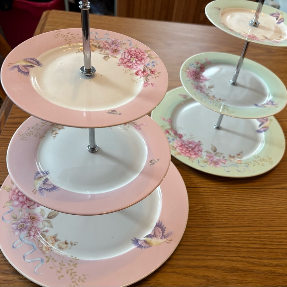 2 sets of porcelain 3 tiered cup cake dessert Tiered china Serving Plates.NEW #5